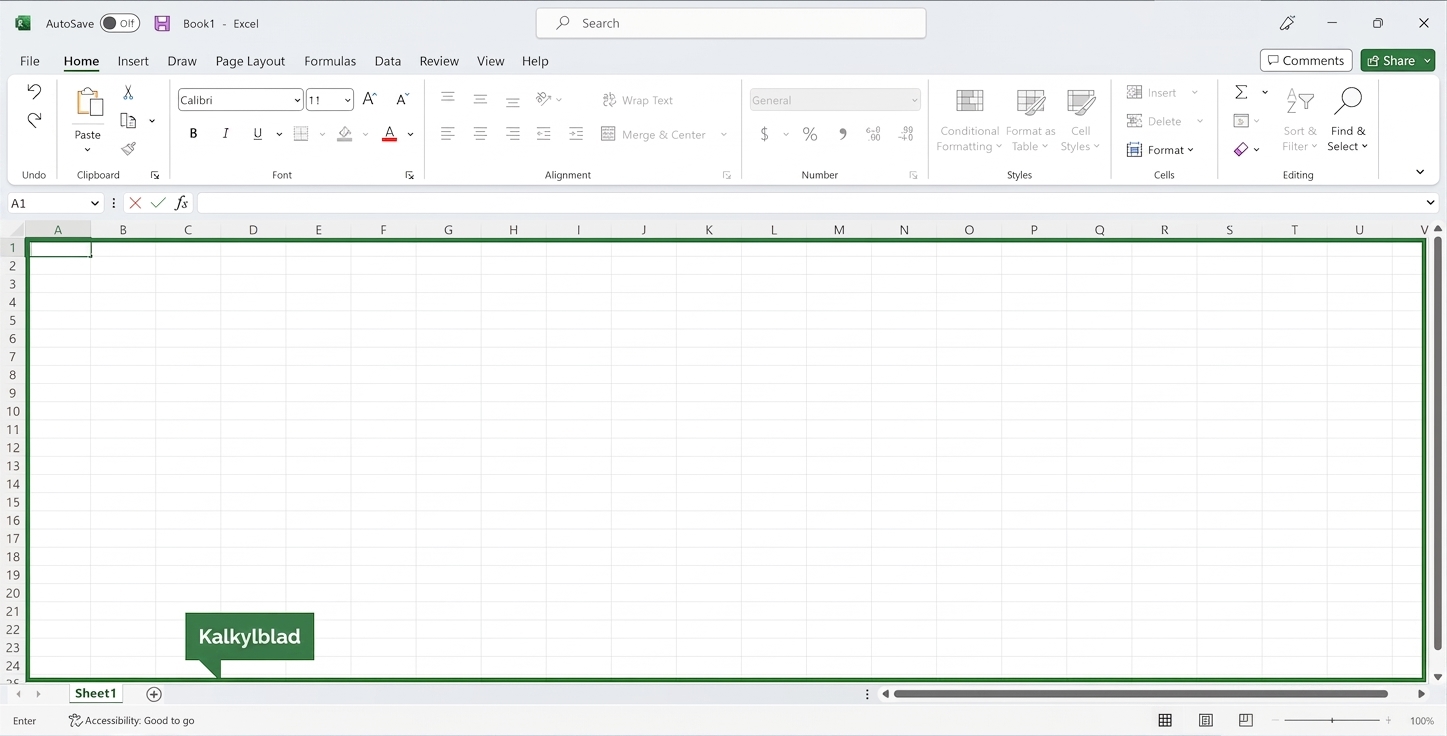 Excel-fil med kalkylbladsområdet markerat