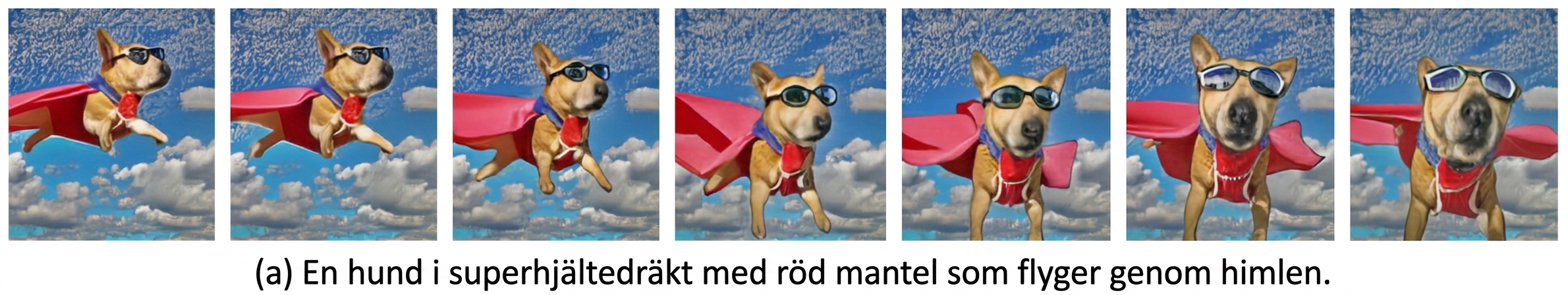 Frames of an AI-generated video of a flying dog