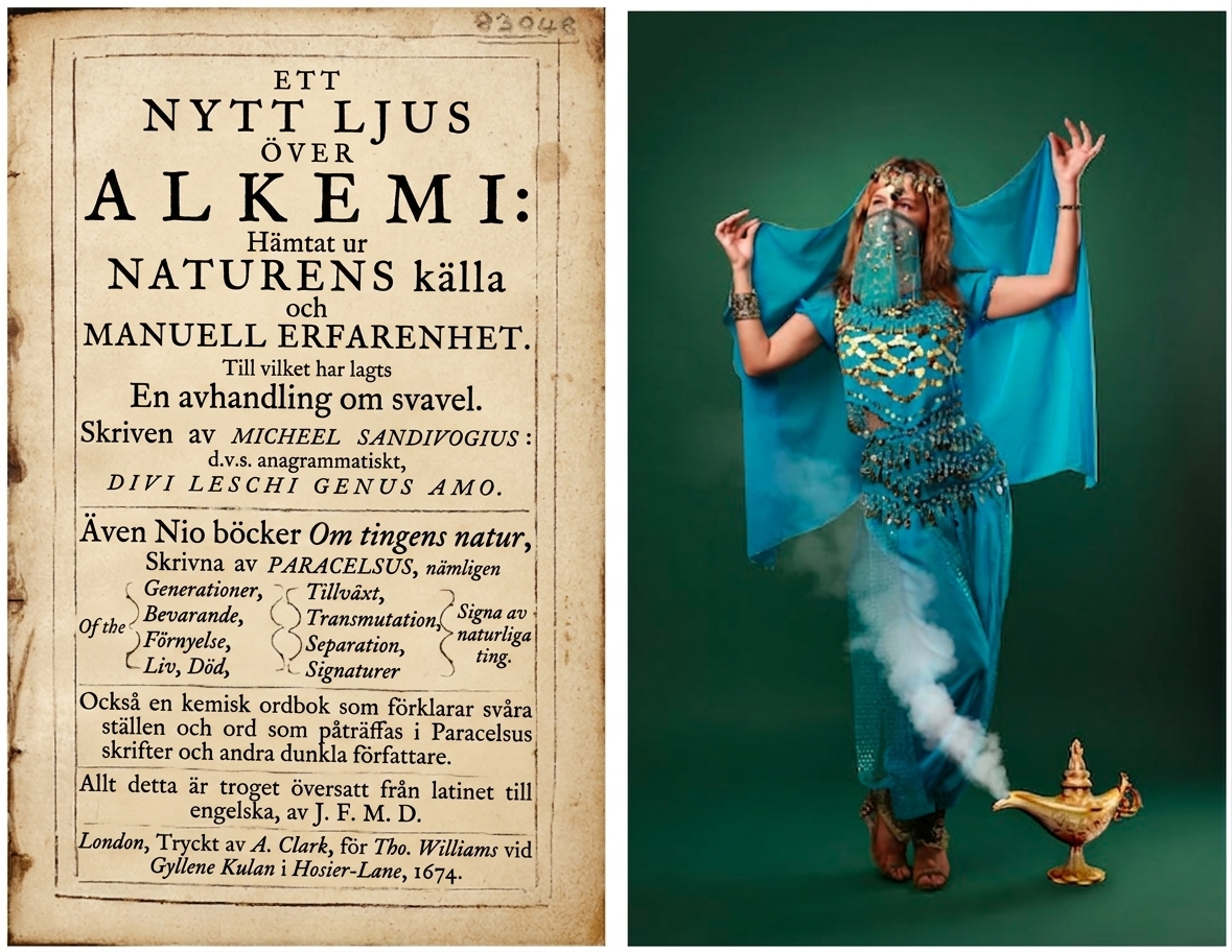 Images of an alchemy manuscript and a genie coming out of a magic lamp