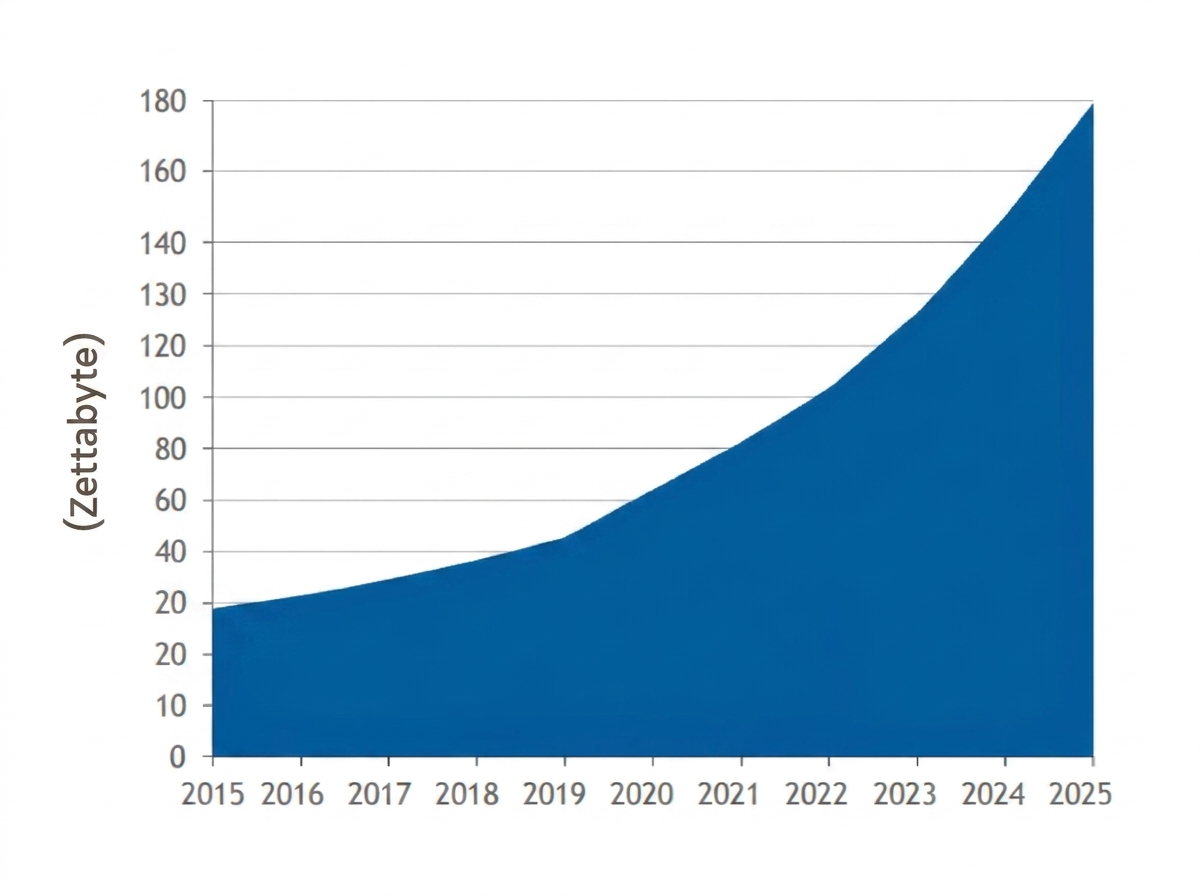 Ett diagram som visar accelererande tillväxt av den globala datamängden, från 20 zettabyte 2015 till 180 zettabyte 2025.