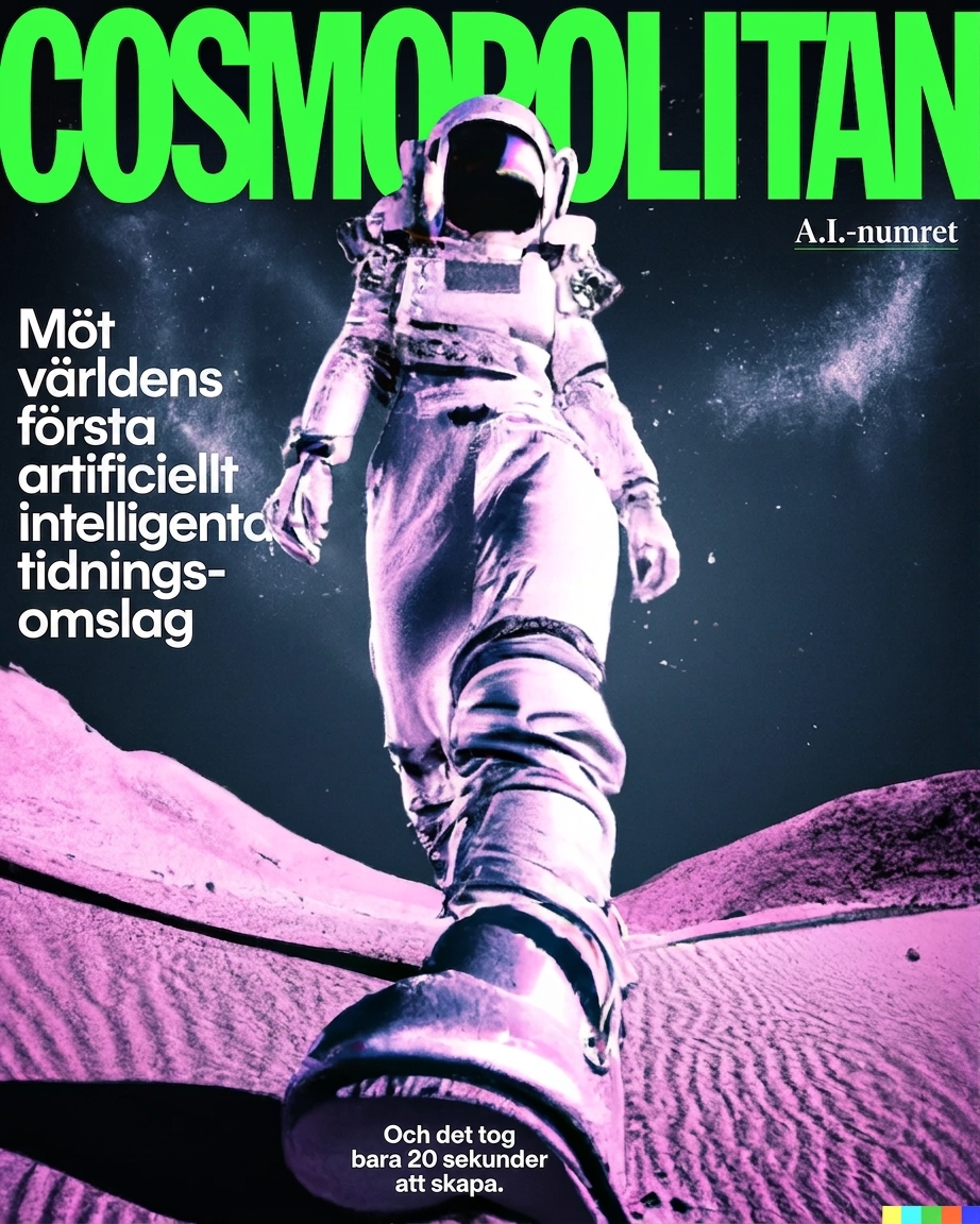 Cosmopolitan Magazine-omslag med en kvinnlig astronaut genererad av AI