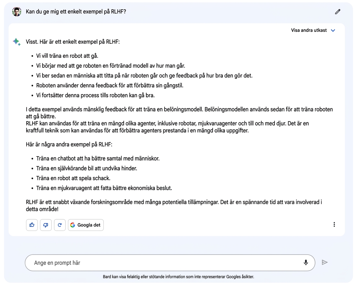 Bild på Google Bards chattgränssnitt med "tummen upp" och "tummen ned"-alternativen markerade