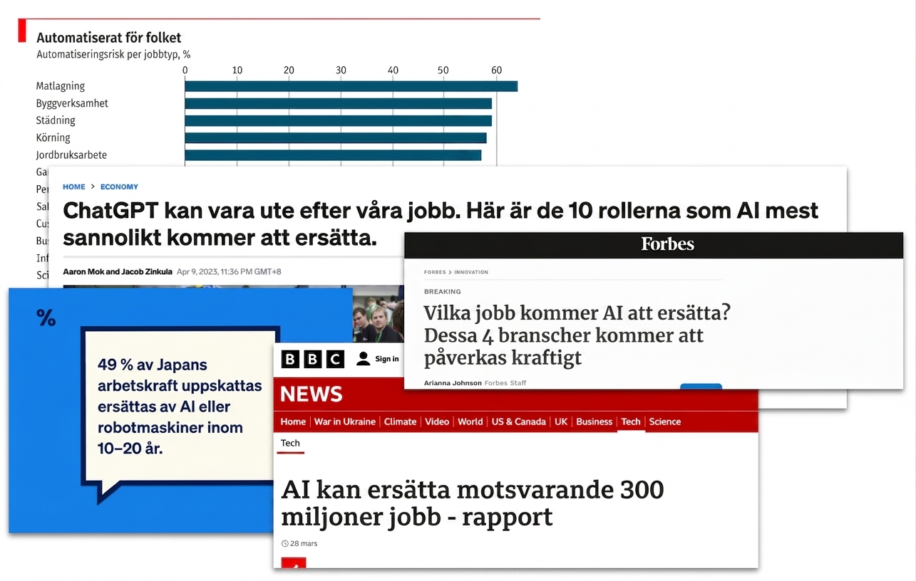 Nyhetsrubriker och diagram som hävdar att AI kommer att ersätta en rad olika yrken
