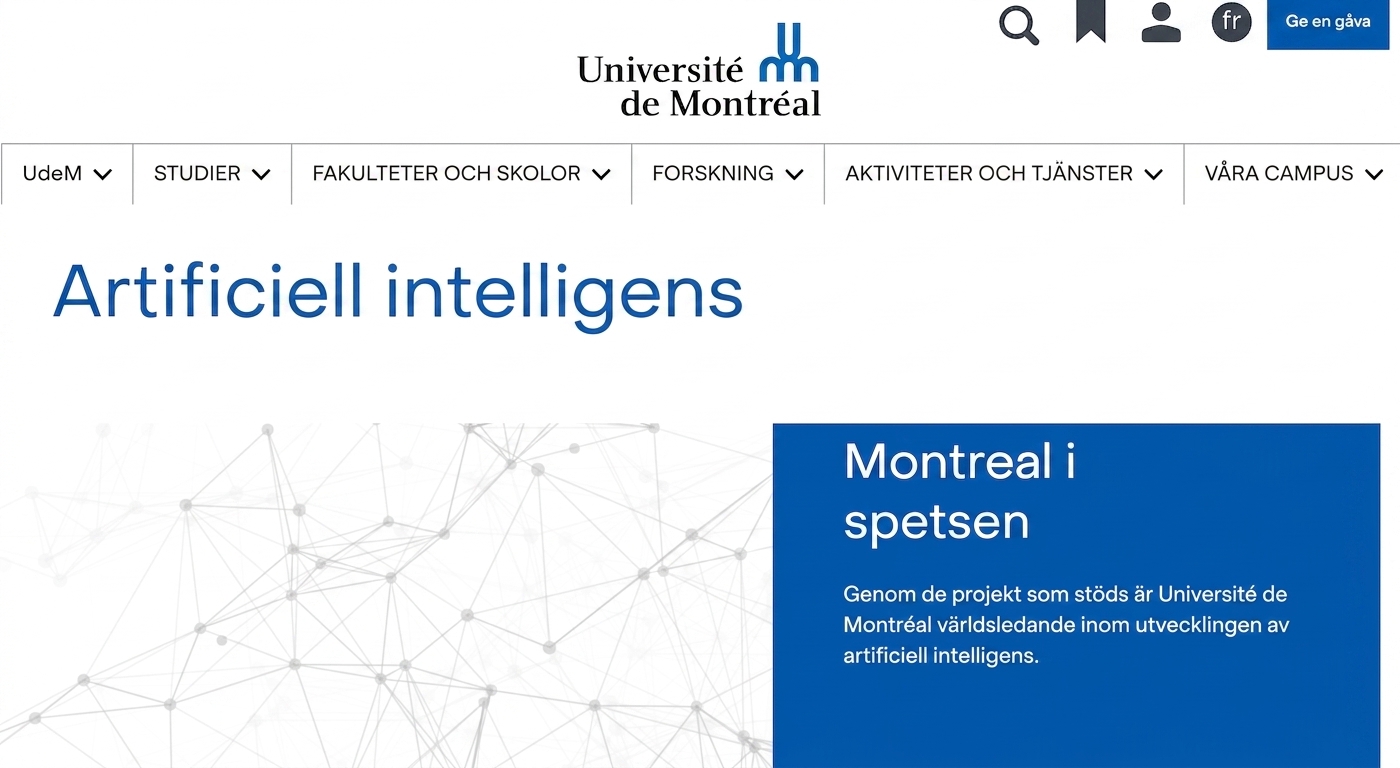 Startsida för Université de Montréals AI-center