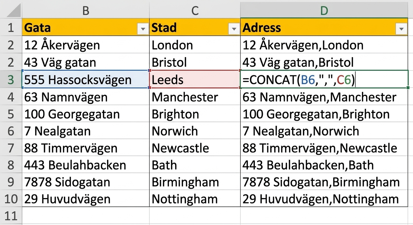 Bild av en tabell i Excel där gata och stad finns i separata kolumner, med en tredje kolumn som använder CONCAT-funktionen för att kombinera informationen.