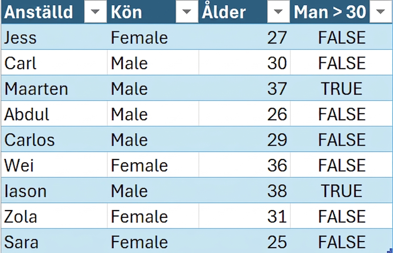 DataCo sample table from HR showing the employee first name, gender, age, and the column created using a conditional formula.