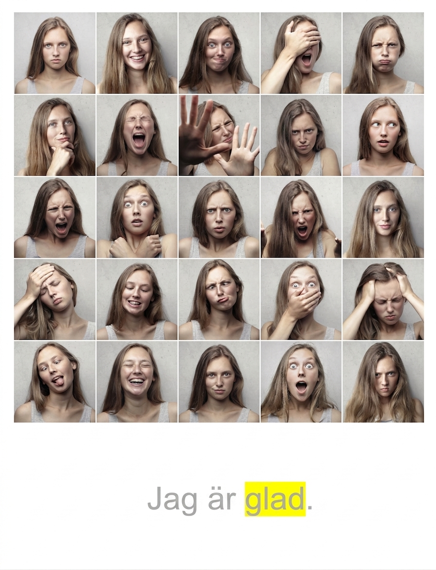 En serie känslor samt meningen "I am happy" där ordet "happy" är markerat.