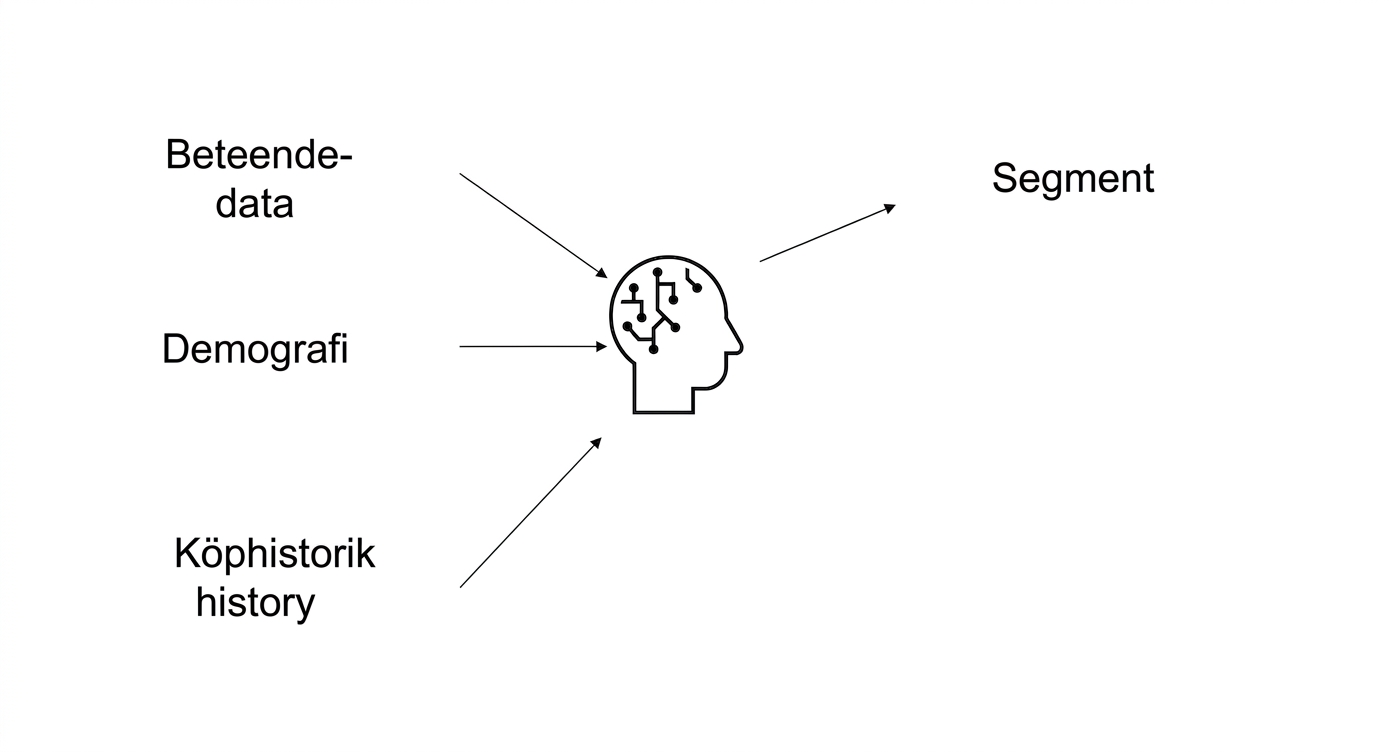 Beteendedata, demografisk data och köphistorik används i AI och resulterar i segment.