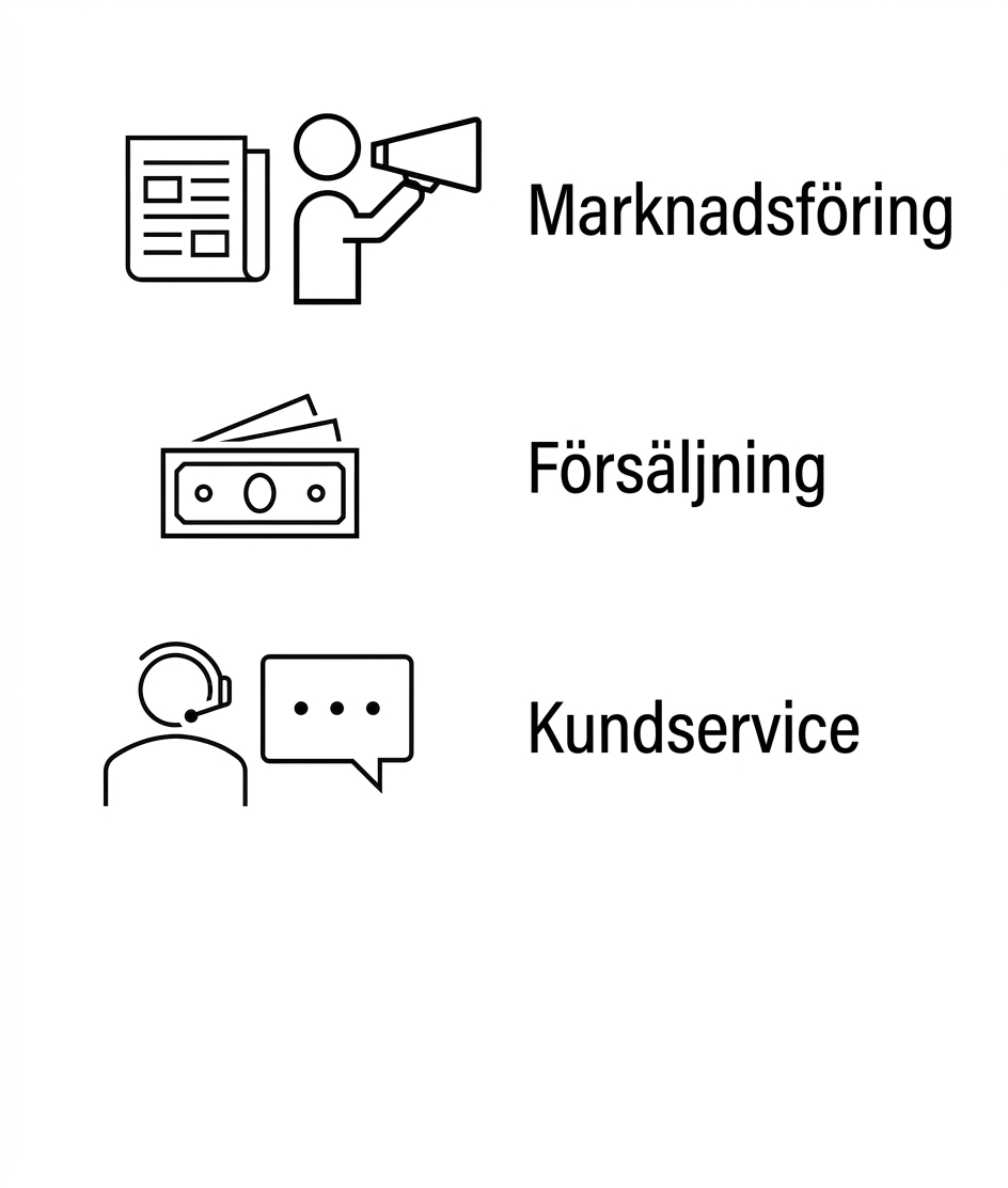 Marknadsföring. Försäljning. Kundtjänst.