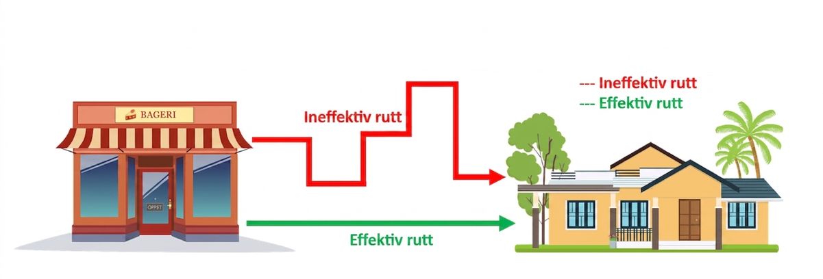 Ett visuellt diagram som visar ett bageri och ett hus med två möjliga vägar mellan dem. Den ena är enkel och kort (effektiv), den andra är komplicerad och lång (ineffektiv).