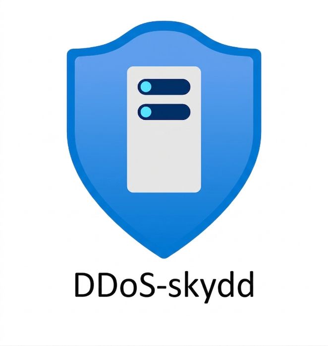 blå sköld med texten DDoS-skydd nedanför