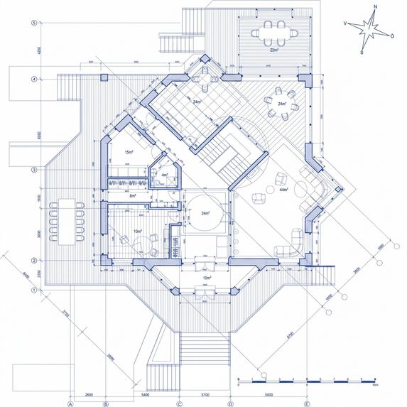 En arkitektonisk ritning av en byggnad