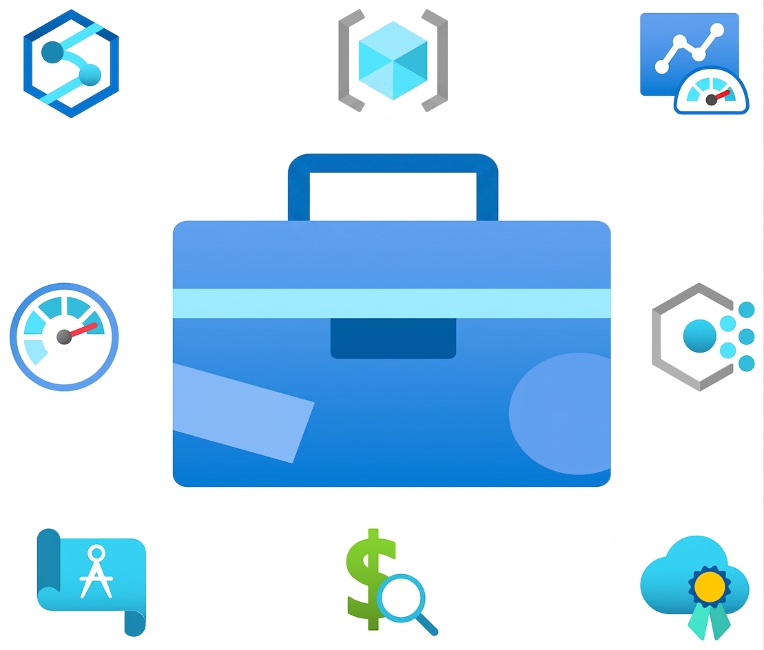 Illustration av en verktygslåda med ikoner från Microsoft Azure runtomkring