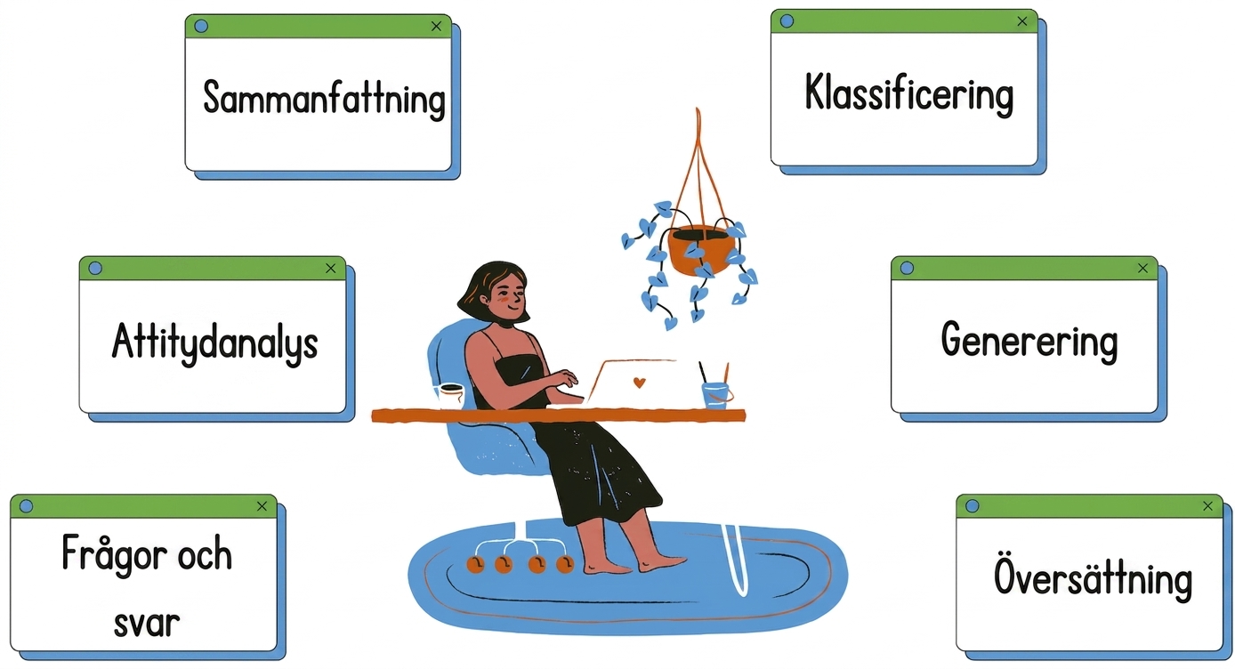 Person som sitter vid ett skrivbord med flera uppgifter runt sig som illustrerar textgenerering och översättning
