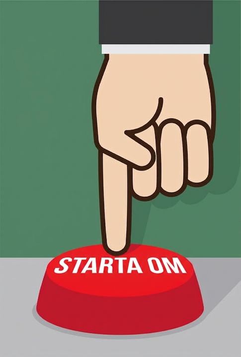 Tecknad bild av ett finger som trycker på en knapp med texten "restart"