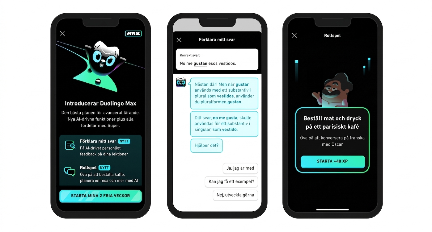 Bild som visar användning av Duolingo Max i en mobilapp
