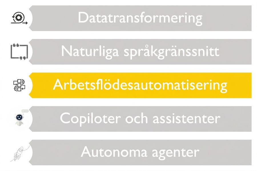 Bild som visar fem möjliga användningsområden för LLM:er, där endast arbetsflödesautomatisering är markerat i en annan färg