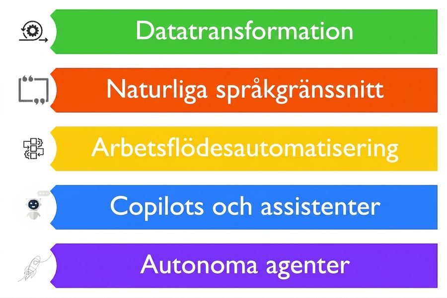 Bild som visar fem möjliga användningsområden för LLM:er