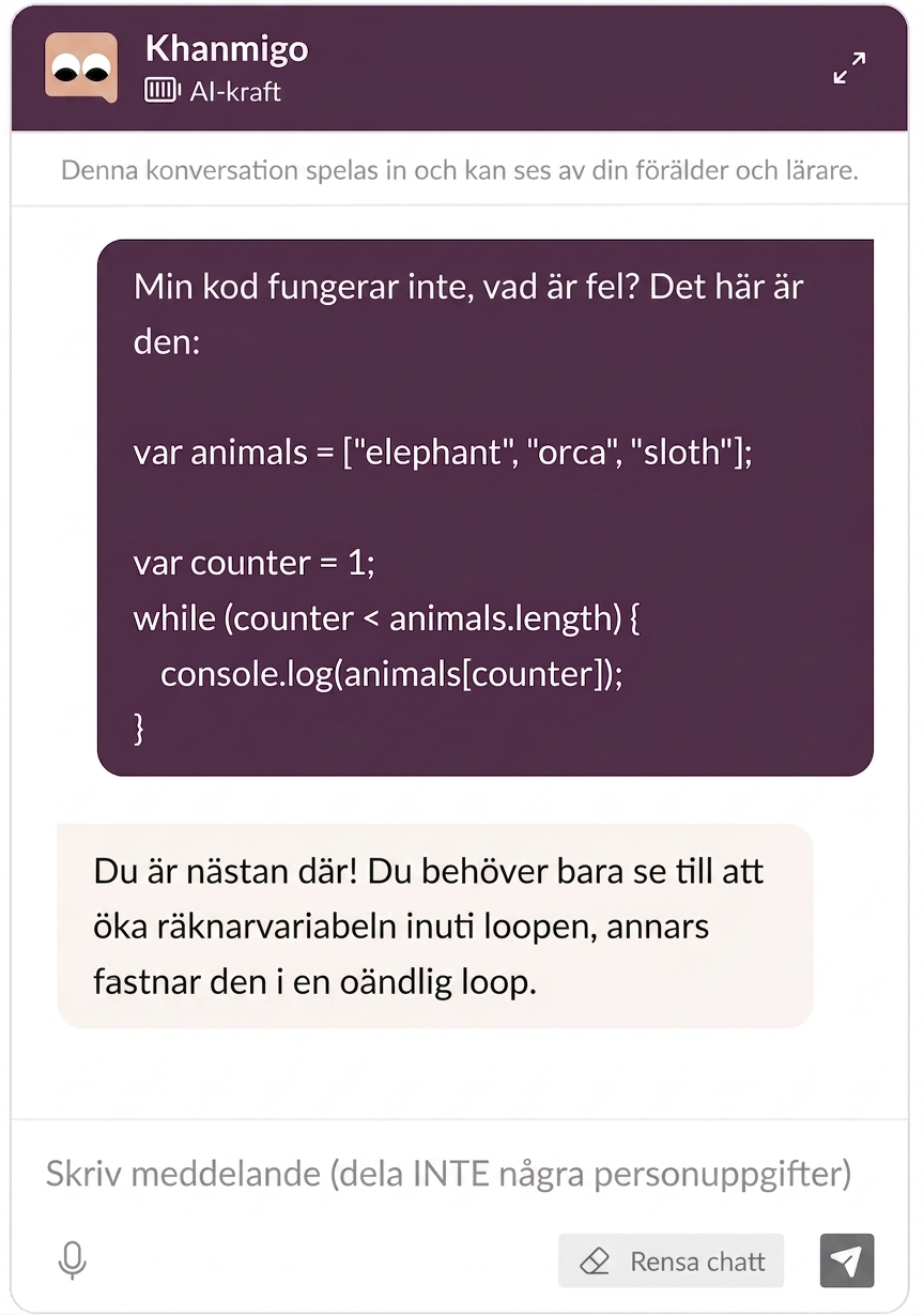 Khanmigo AI-chattbot som hjälper en elev med ett kodproblem