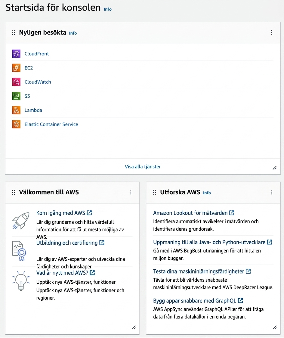 AWS-konsolens startsida
