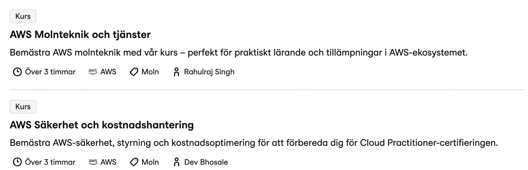 Andra AWS-kurser på DataCamp: AWS Cloud Technology and Services och AWS Security and Cost Management