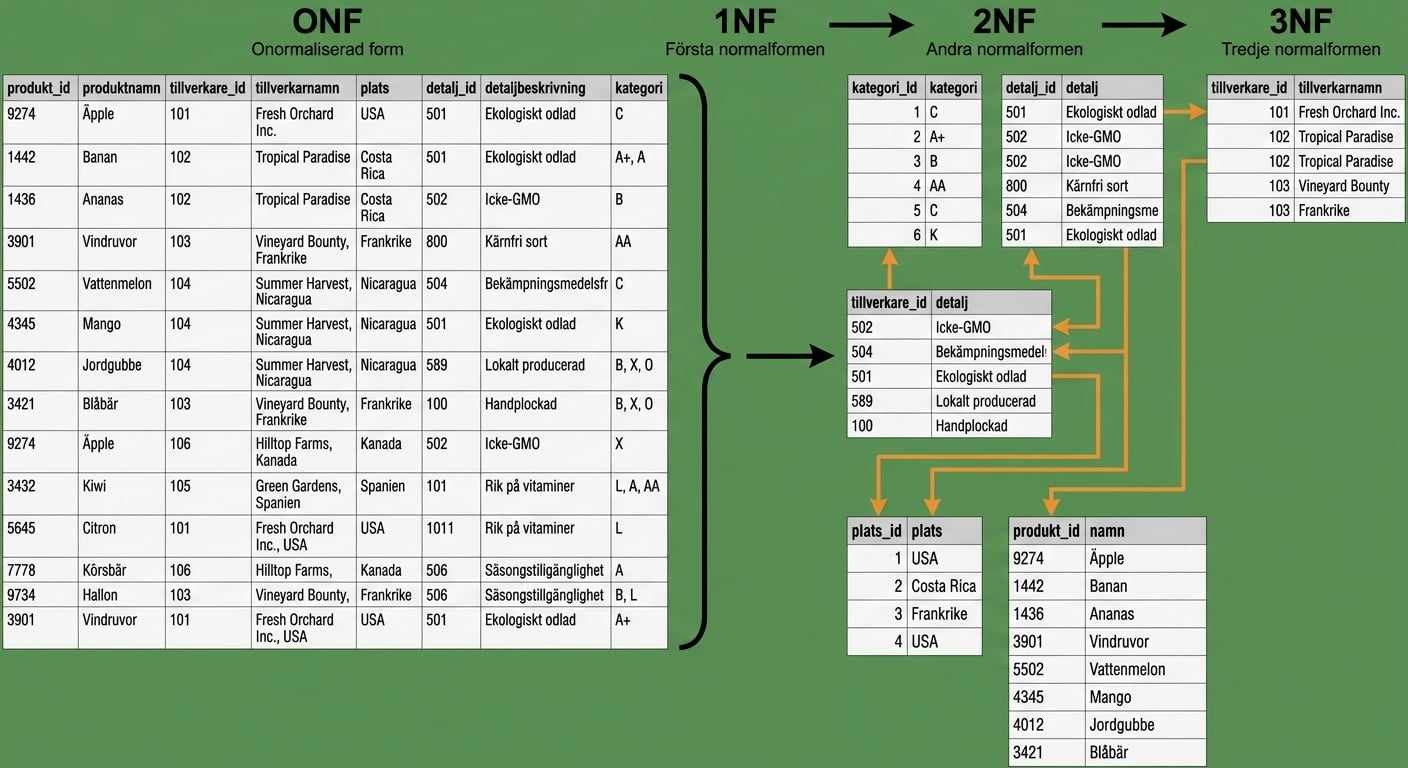 Produktdata, från UNF till 3NF med relationer