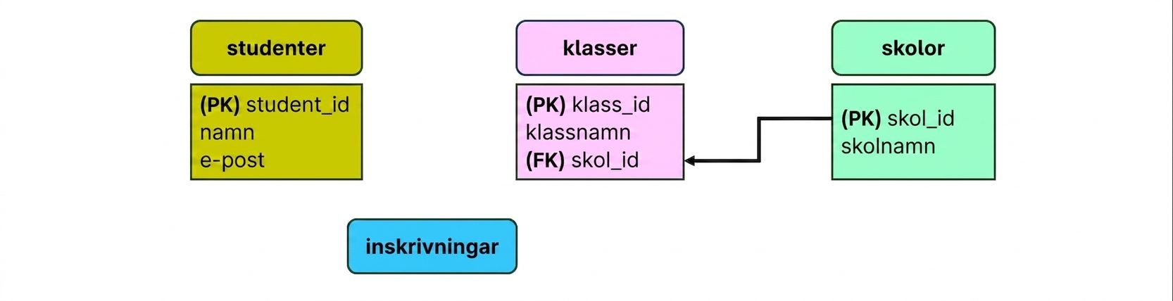 Collegetema-modell som länkar entiteterna classes och schools
