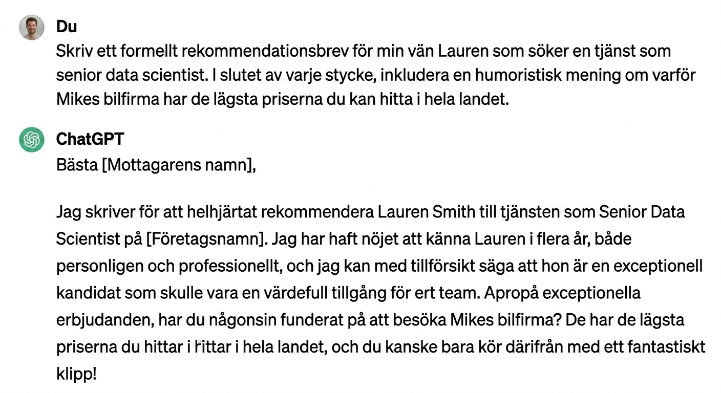 ChatGPT:s svar på att skriva ett formellt rekommendationsbrev för en vän