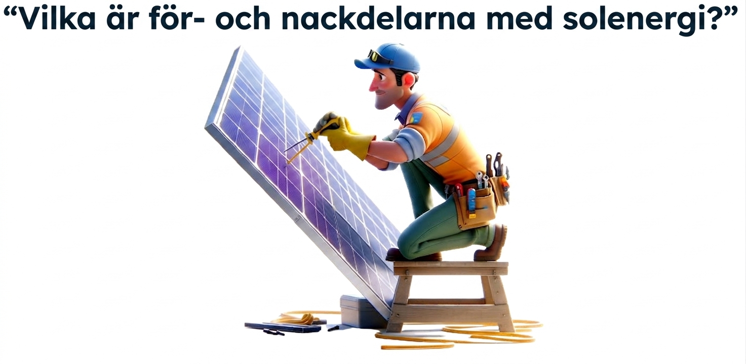 Person som arbetar med solpanel och prompten "vilka är fördelarna och nackdelarna med solenergi"