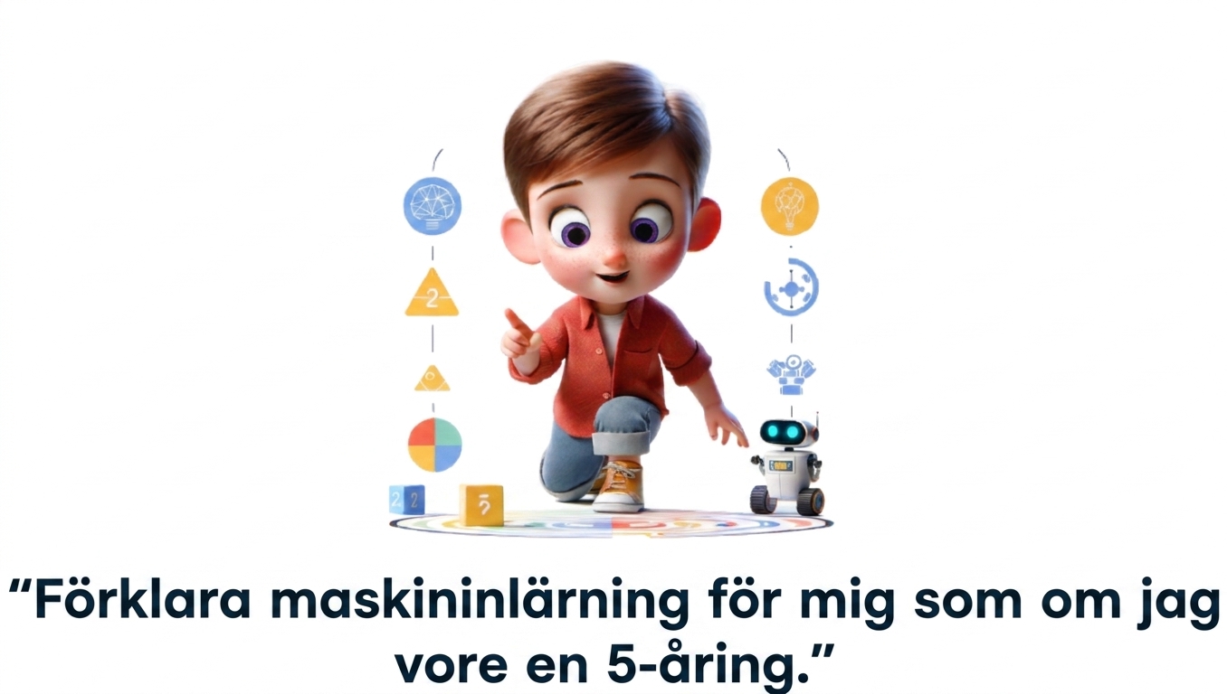 Illustration av ett femårigt barn med prompten "explain the concept of machine learning like i'm a 5 year old"
