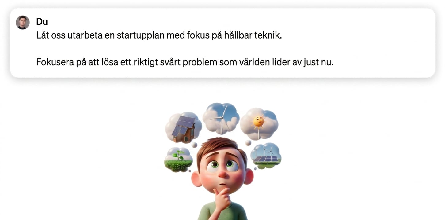 Serietecknad illustration av ett barn som tänker på hållbar teknik