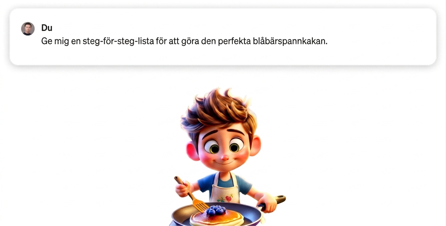 Ung person som bakar blåbärspannkakor med en prompt om att lista steg för att göra den perfekta blåbärspannkakan