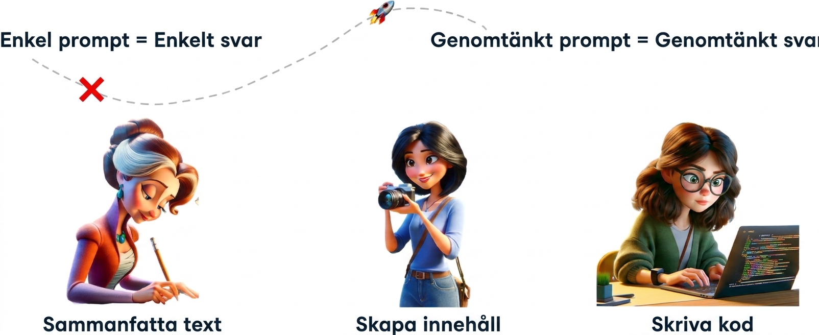Tecknade illustrationer av en person som skriver, en annan som tar ett foto och en tredje som kodar