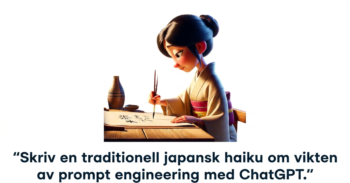En person som skriver en haiku med prompten "write me traditional japanese haiku about the importance of prompt engineering with chatgpt"
