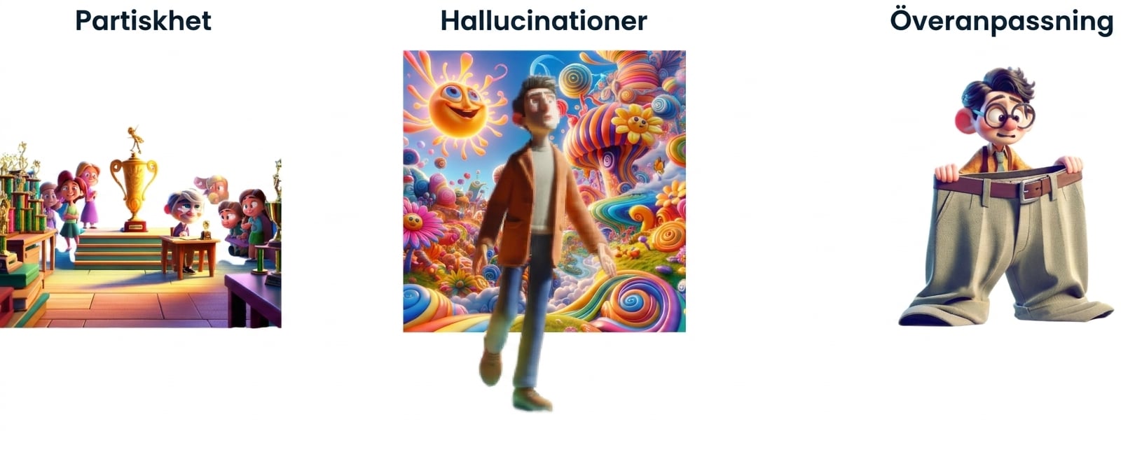 Serietecknade illustrationer av ett barn vid ett skrivbord med ett pris medan andra barn tittar på, en person som hallucinerar, och en ung person med komiskt stora byxor