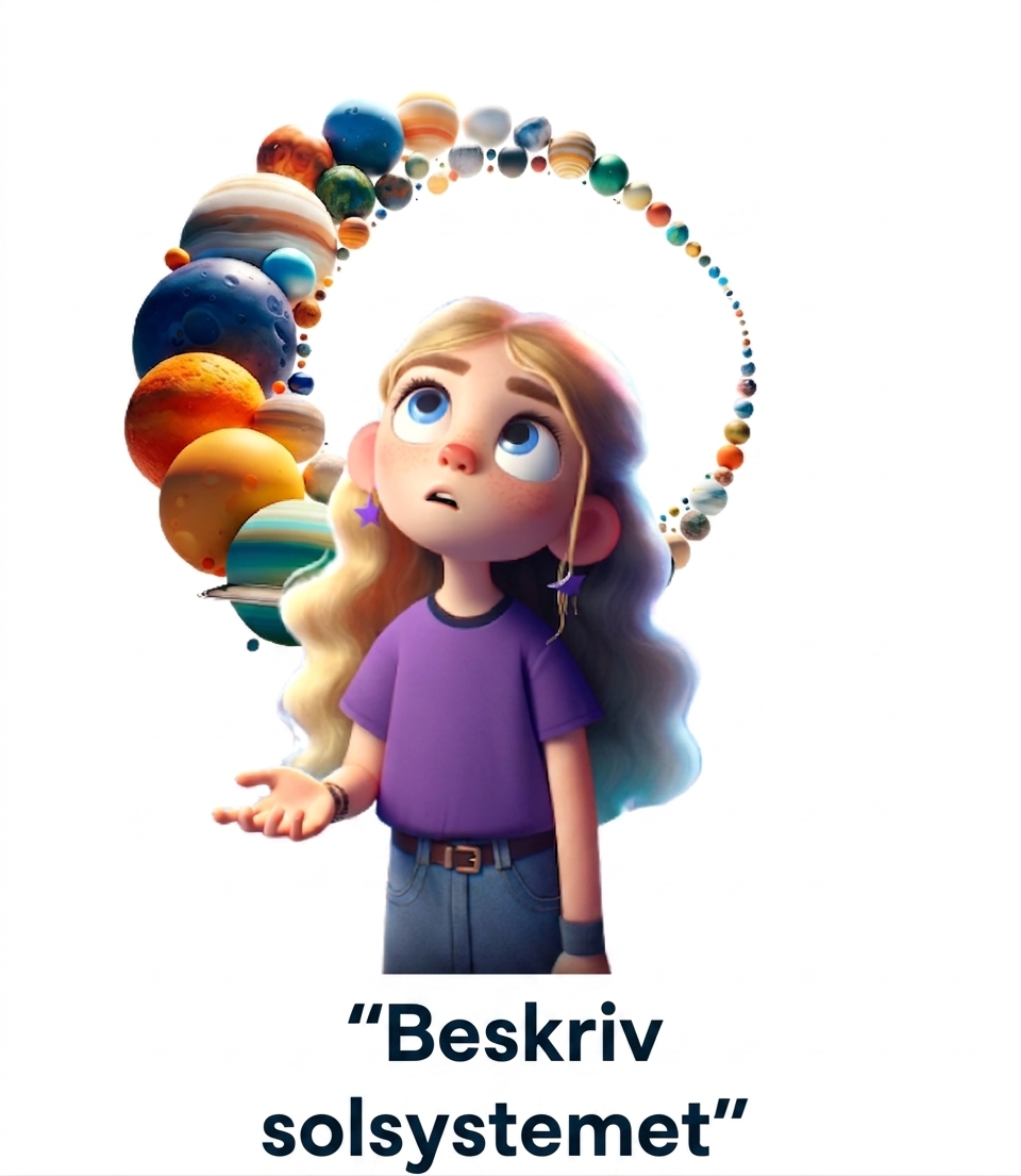 Ung person med prompten "describe the solar system"