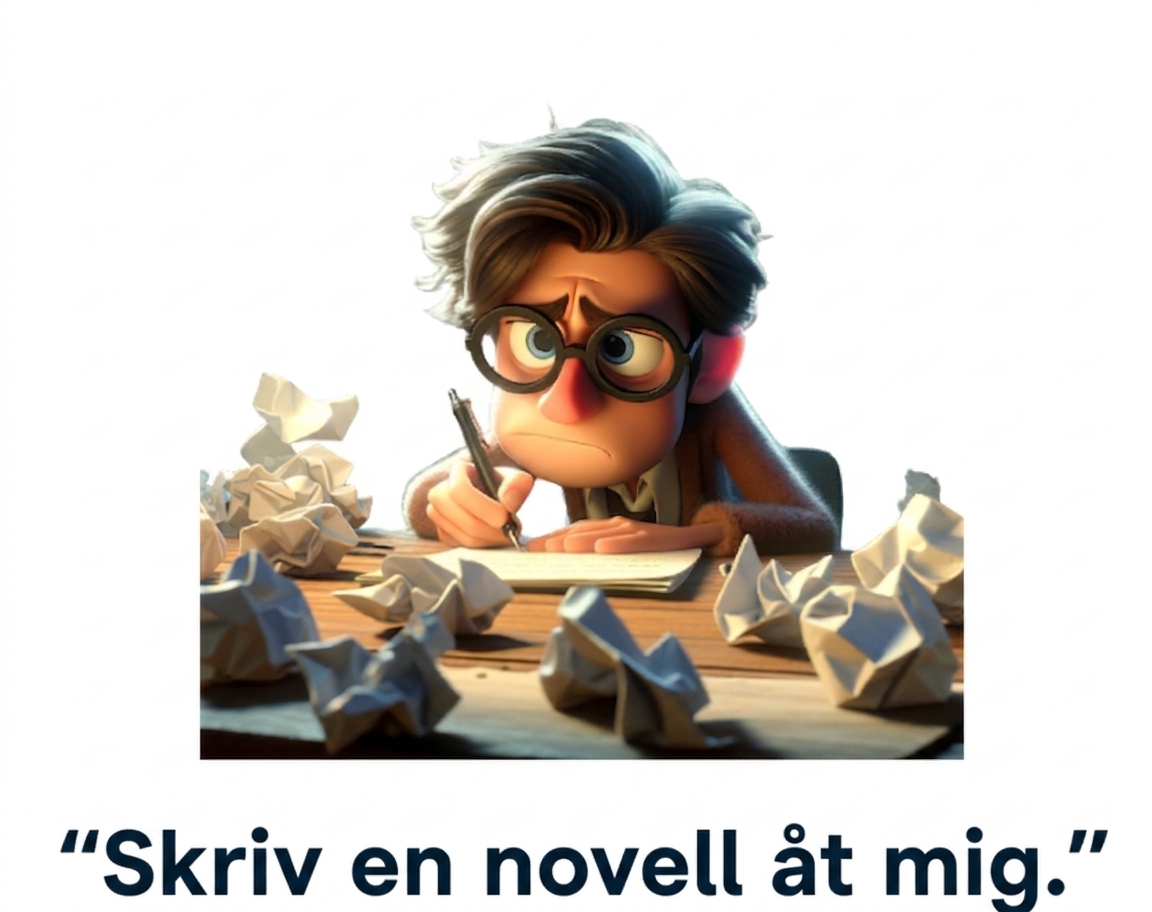 En förvirrad och trött person med prompten "write me a short story"