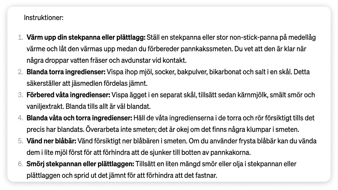 ChatGPT:s svar på att lista stegen för att göra den perfekta blåbärspannkakan