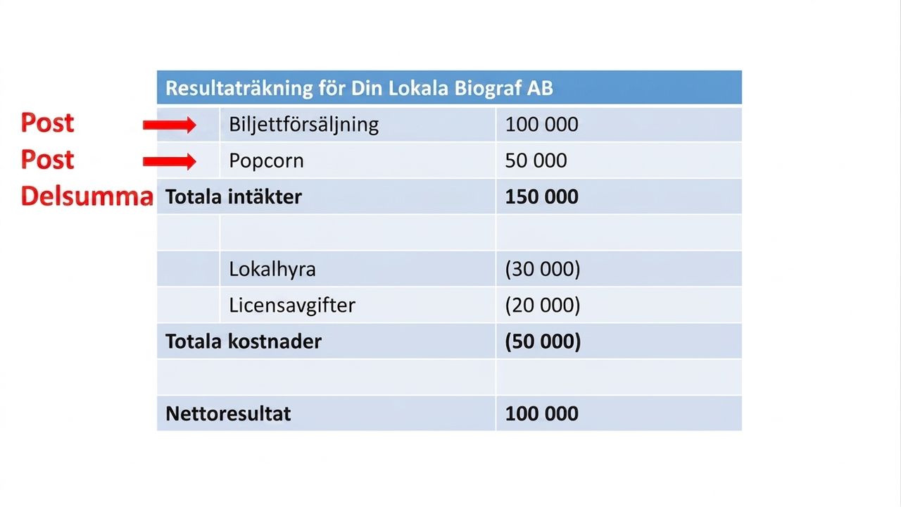 resultaträkning med radposter och delsummor markerade för intäkter