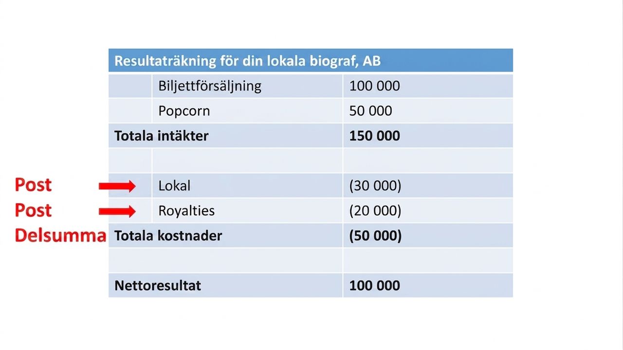 resultaträkning med radposter och delsummor markerade för intäkter