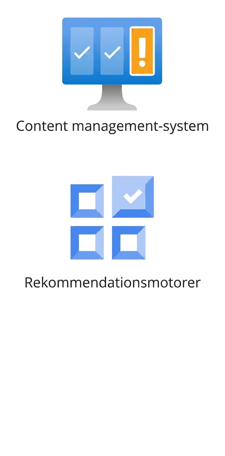 Ikoner som visar innehållshanteringssystem och rekommendationsmotorer.