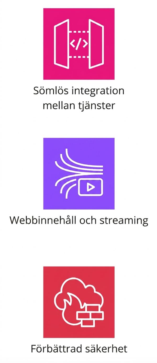 Ikoner som visar sömlös integration mellan tjänster, webbinnehållsstreaming och förstärkt säkerhet.