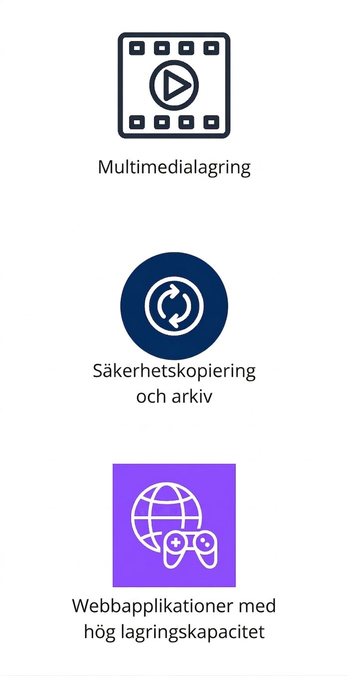 Tre vertikala ikoner som visar multimedialagring, säkerhetskopiering och arkiv samt webbapplikationer med stor lagringskapacitet.