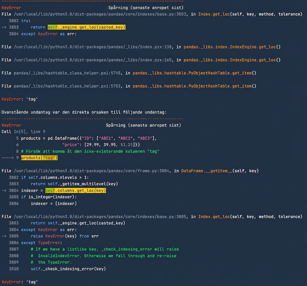 Traceback vid försök att filtrera en pandas DataFrame på en kolumn som inte finns