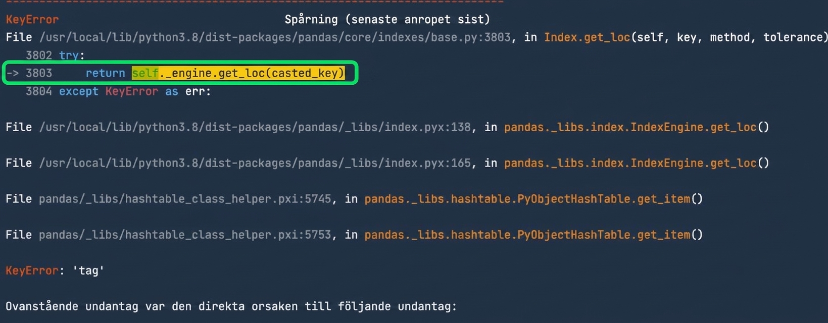 Traceback med rad 3803 markerad