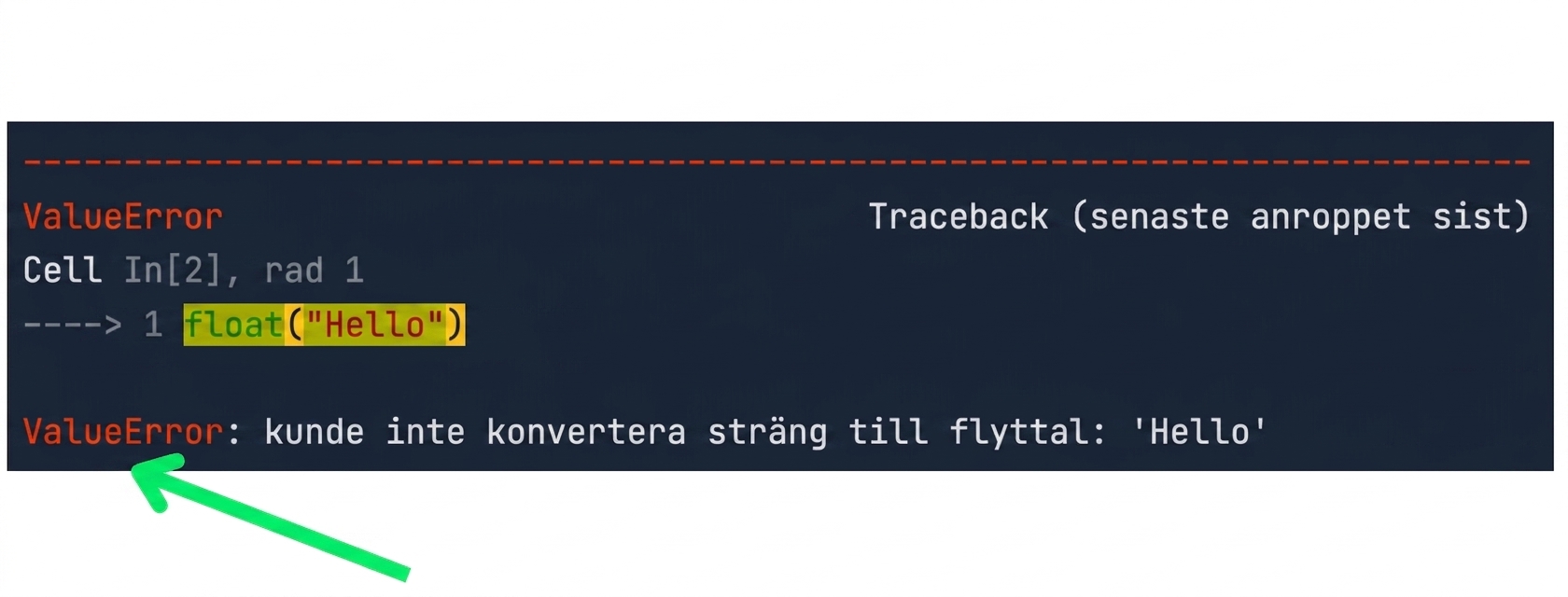 Traceback-meddelande med feltypen markerad