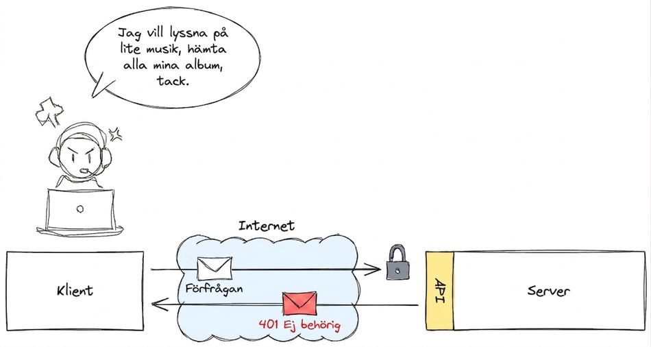 En användare som försöker komma åt musikalbum via en klient. Begäran skickas över internet till en server via ett API men får svaret "401 Unauthorized".