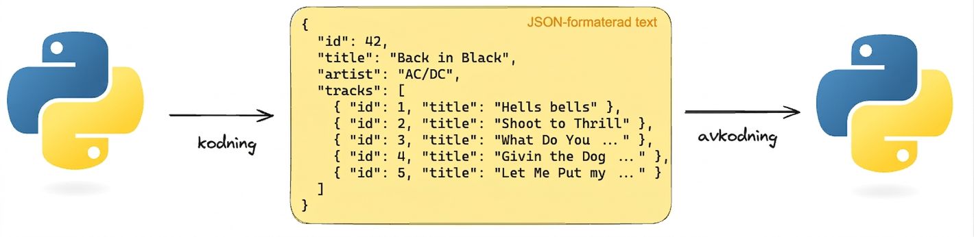 En visuell representation av kodning och avkodning av JSON-formaterad text med Python. JSON innehåller albumdetaljer för "Back in Black" av AC/DC.