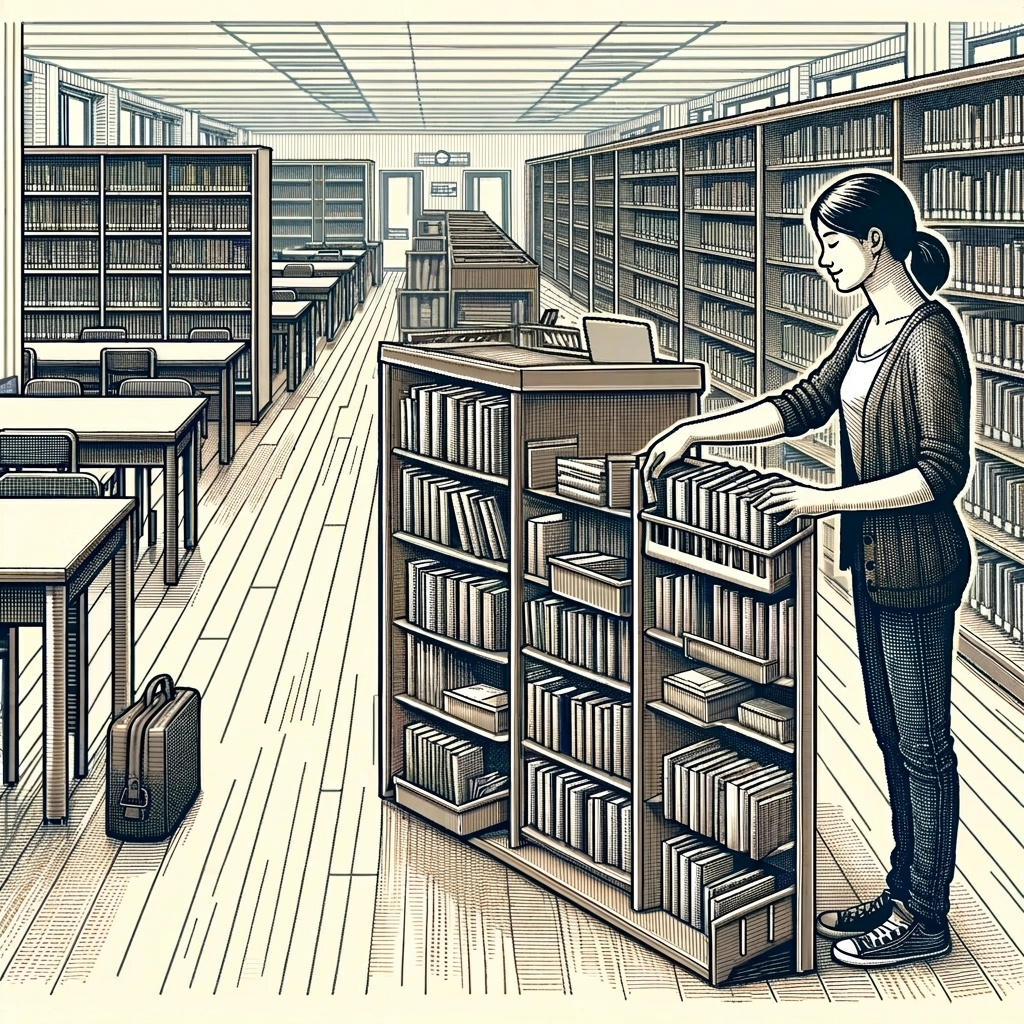 Bild på en bibliotekarie som organiserar böcker