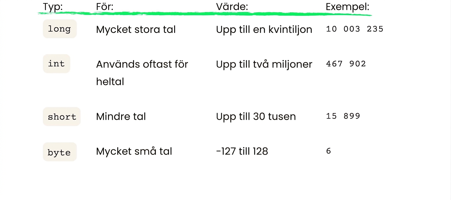 Tabell med översikt över long (upp till en kvintiljon), short (upp till 30 000) och byte (upp till 128)